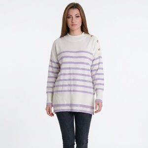 cleo Cream and Lavender Striped Crewneck Sweater with Shoulder Buttons